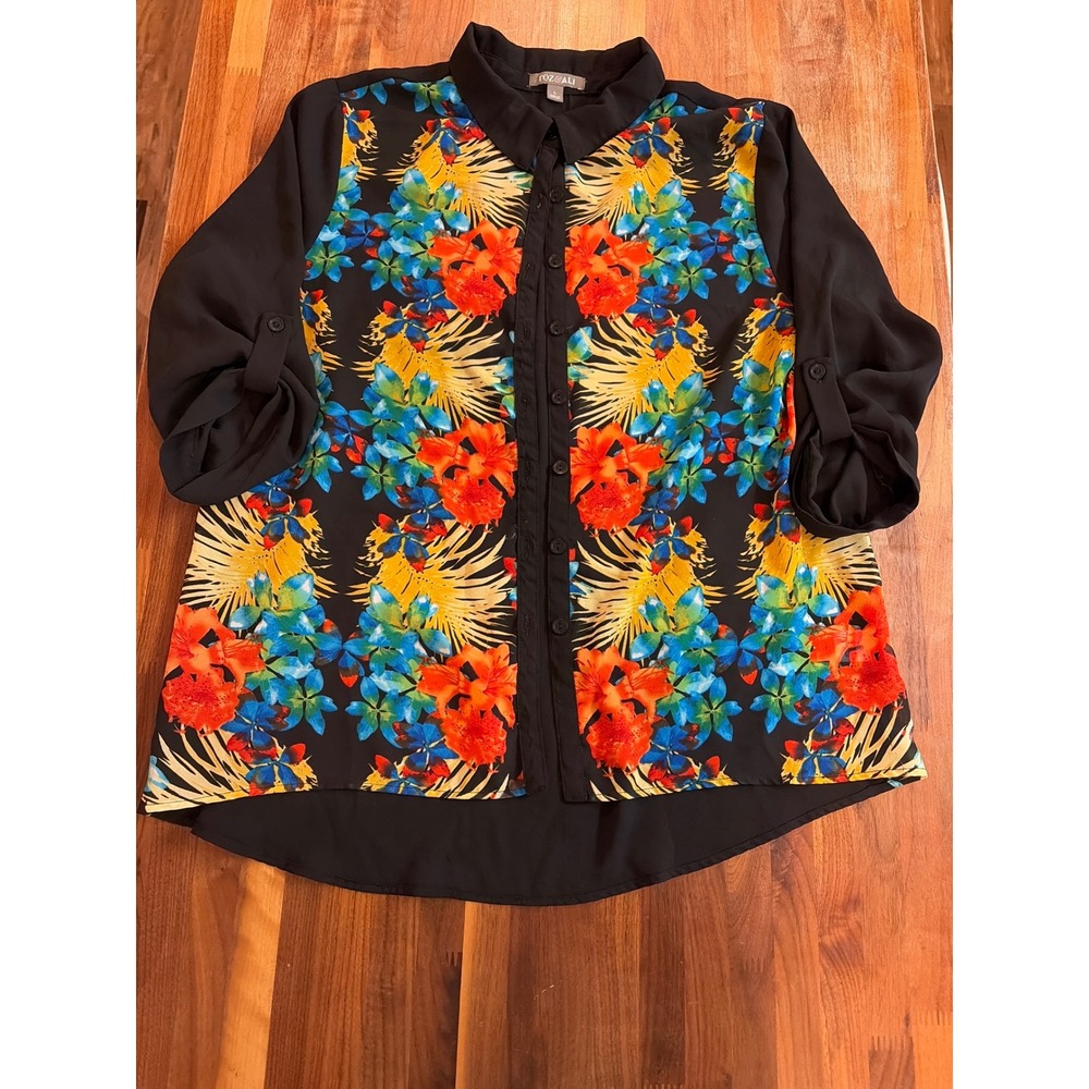 Roz & Ali Womens Large Black Tropical Floral Roll Tab Sleeve Button Up Blouse